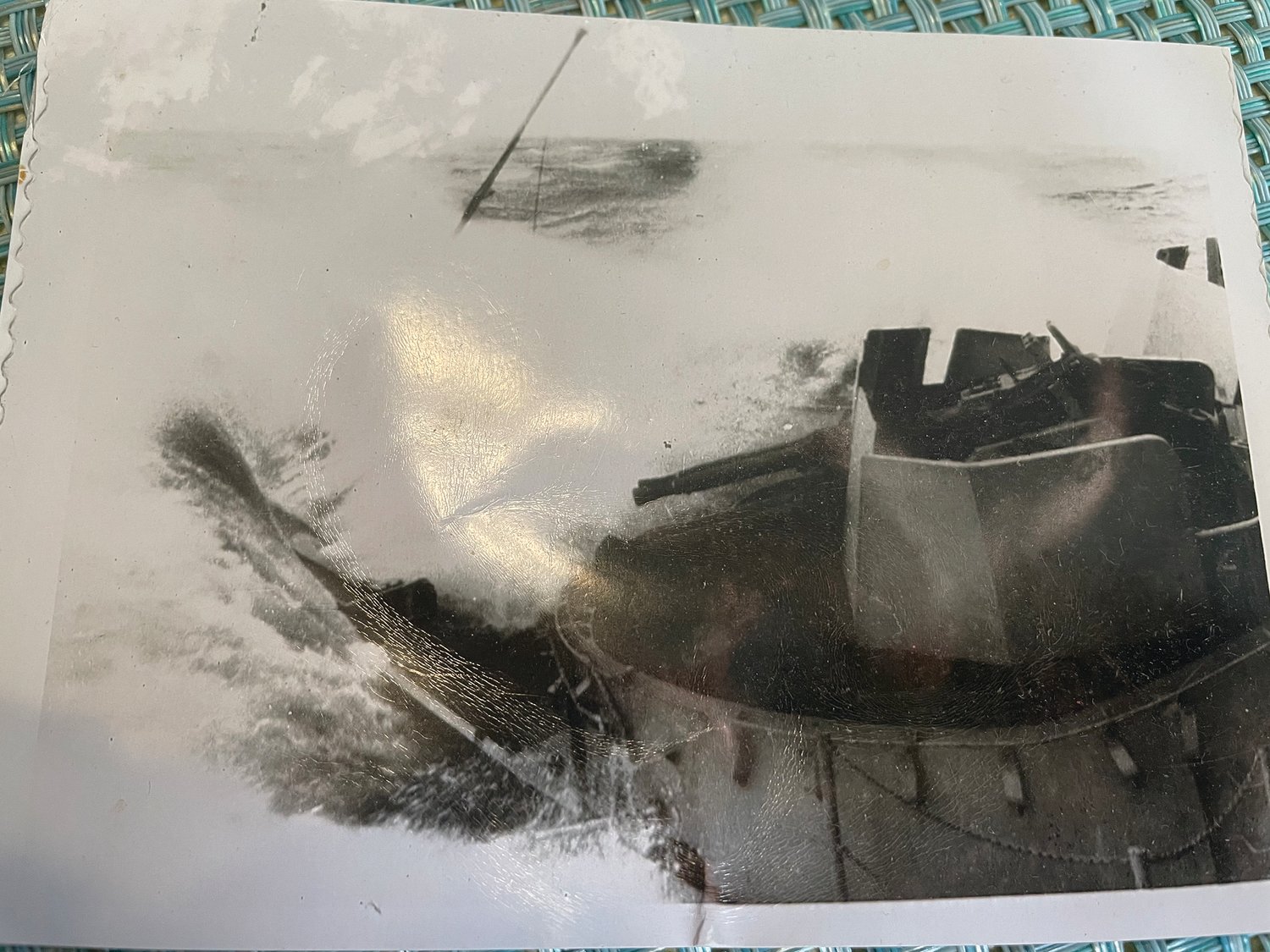 This photo shows the bow of the aircraft carrier Bud Stefanko served on. The storm was so bad the water went right over the deck.